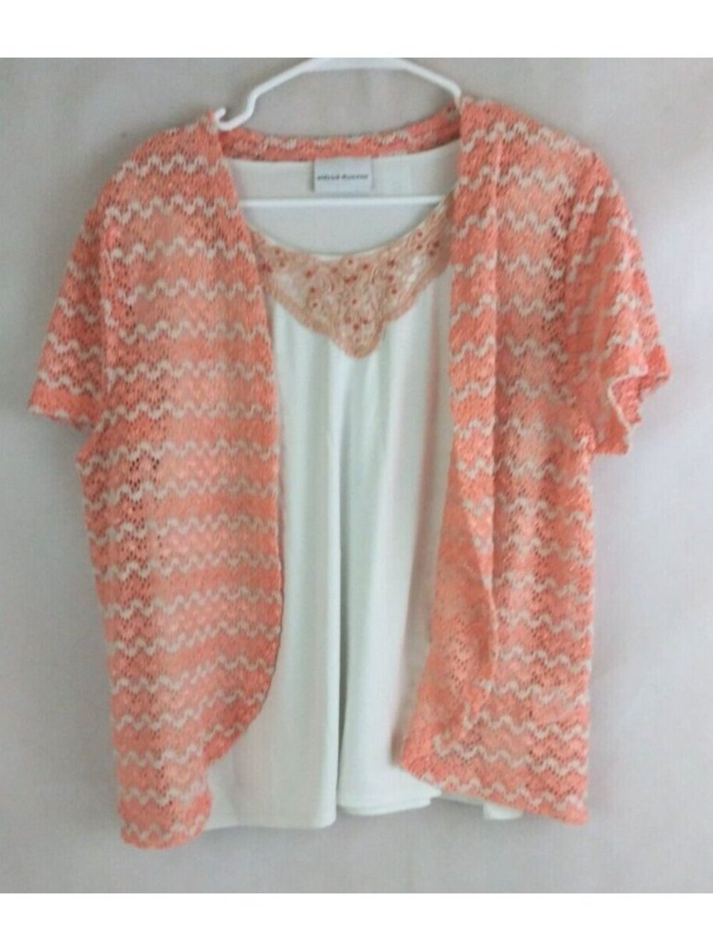 Alfred Dunner Women's Peach & White Crochet Blouse With Beaded Tank Cami Medium